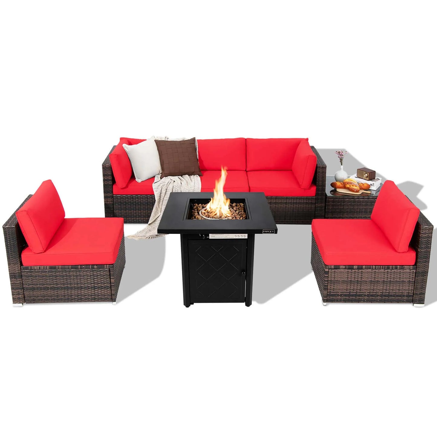 7 PCS Patio Set with 28" 50000 BTU Propane Gas Fire Pit Table and Cushions Red