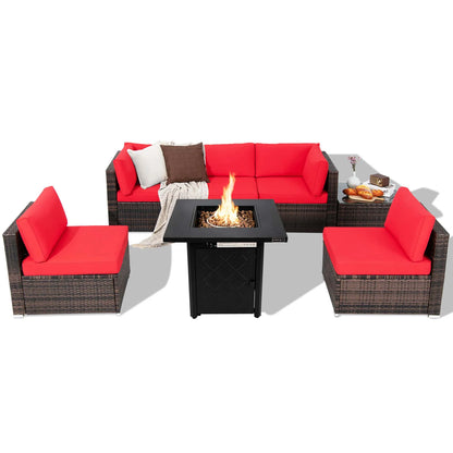7 PCS Patio Set with 28" 50000 BTU Propane Gas Fire Pit Table and Cushions Red