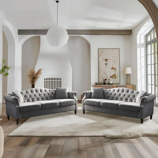 Chesterfield Classic Design Velvet Sofa Set 3-Seater and Loveseat with Pillows and Rolled Arms Nail head Trim for Living Room