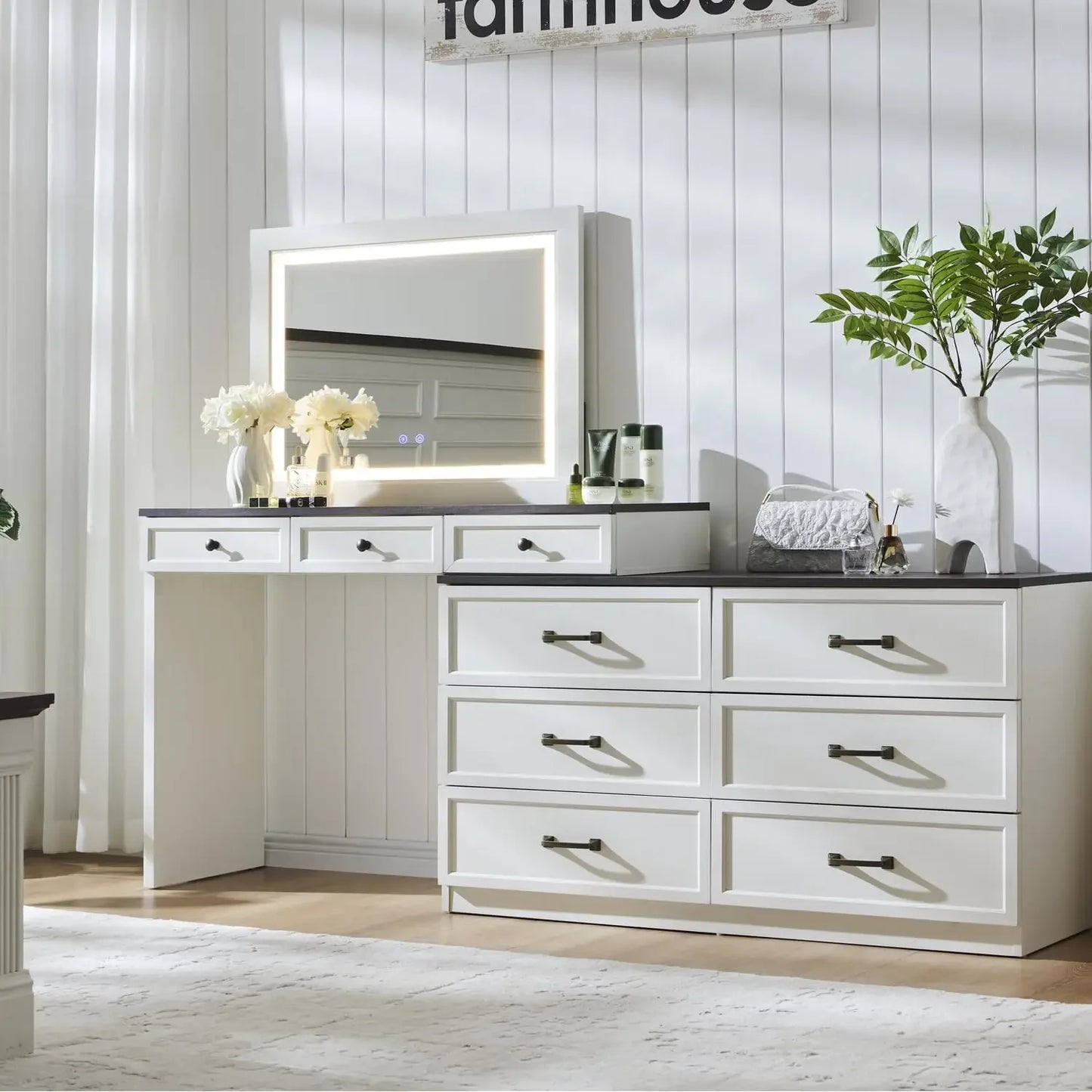 Farmhouse 69" W Big Vanity Desk with Glass Top, Makeup Table, 9 Large Storage Drawers and Color Available Light ,White