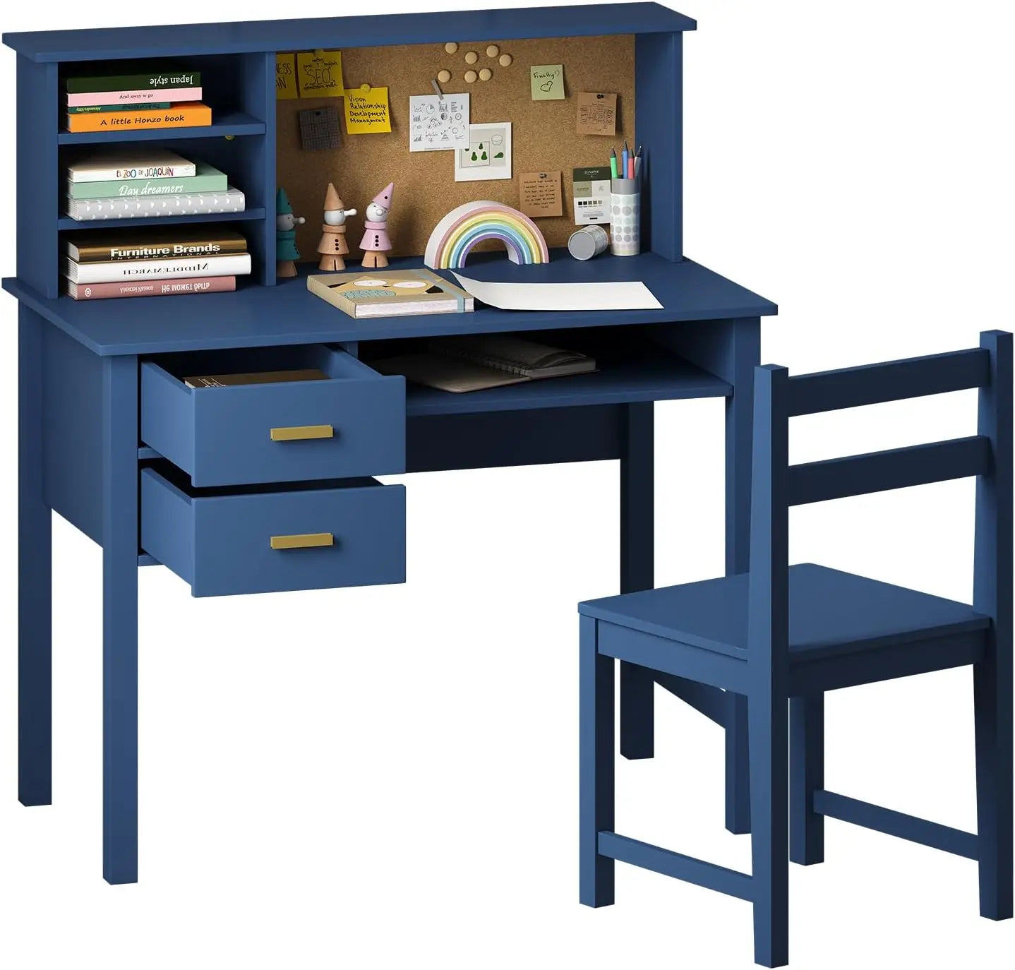 Kids Desk and Chair Set, Wooden Children Study Table with Hutch/Drawer & Bulletin Board, Student Study Desks Computer Desk Art D