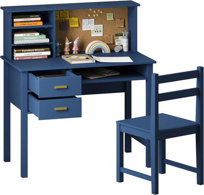 Kids Desk and Chair Set, Wooden Children Study Table with Hutch/Drawer & Bulletin Board, Student Study Desks Computer Desk Art D