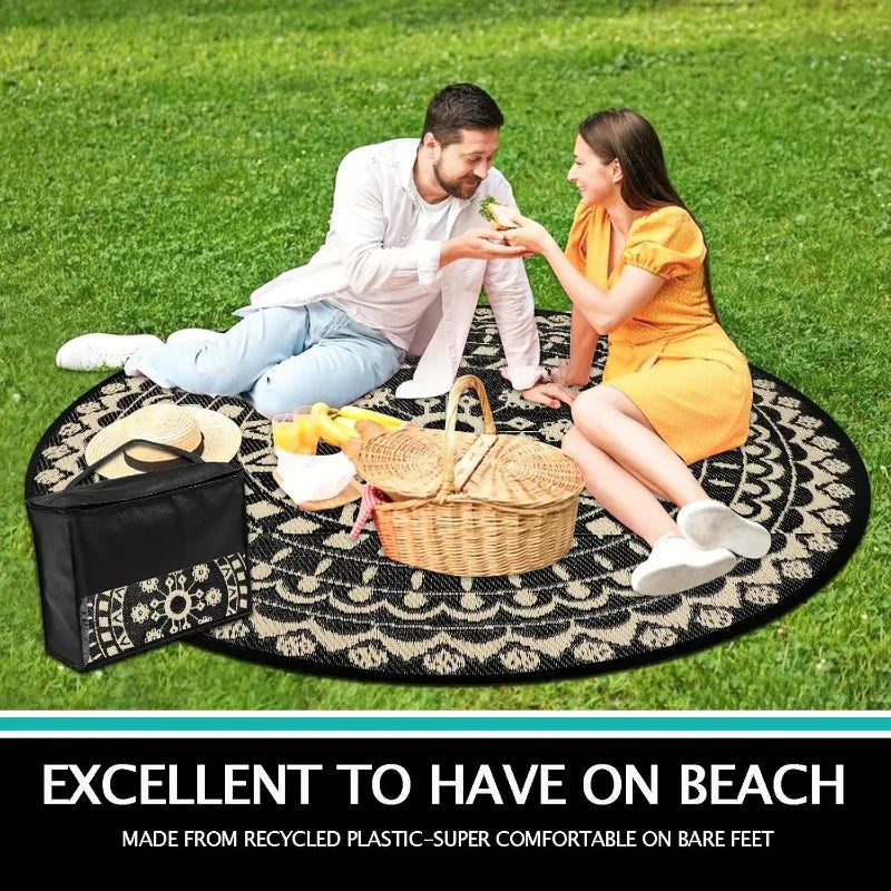 6Ft Round Reversible Waterproof Plastic Straw Boho Circle Indoor/Outside Area Rug for RV and Patio
