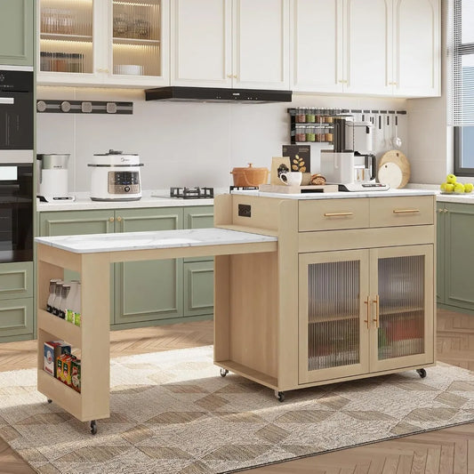Kitchen Island and Cart with Extendable Dining Table, Marble Grain Top with Power Outlet