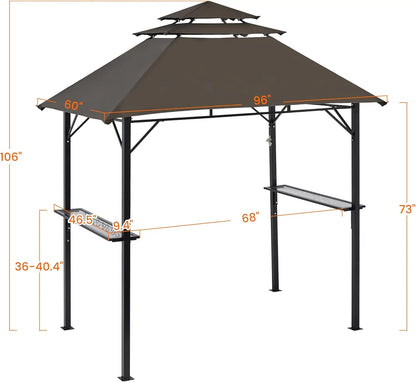8x5' 3-Tier Grill Gazebo for Cookouts with Height-Adjustable Shelves & 10 S-Shaped Hooks & Built-in Bottle Opener, Brown