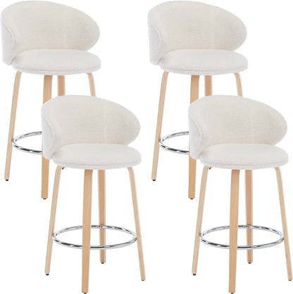 26 Inch Set of 4 Counter Height Sherpa Barstools Wooden Legs with Barrel Backrest for Kitchen, Island or Dining Room, White