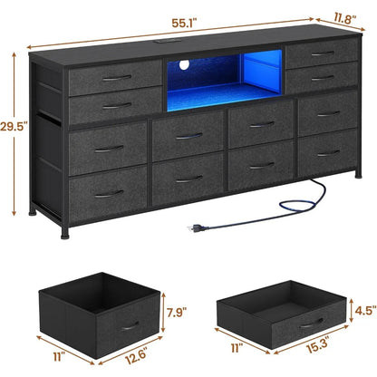 55" Entertainment LED TV Stand Dresser for Bedroom with Power Outlets,12 Drawers, and Media Console Table