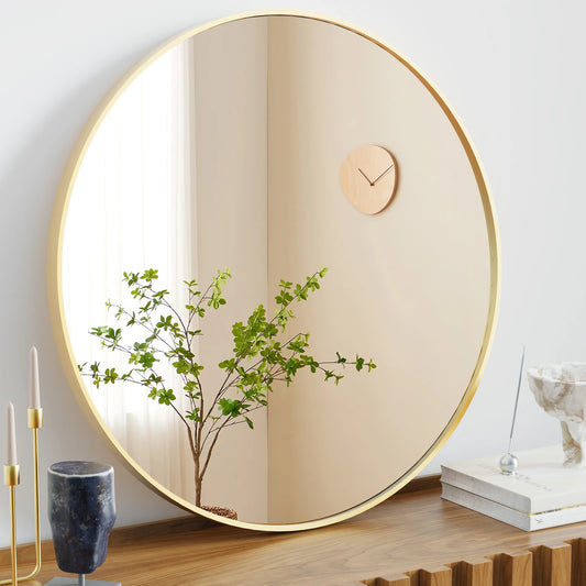 Large Gold Round 30 inch Modern Tempered Glass Framed Mirror for the Wall in Bedrooms or Living Room