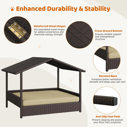 Outdoor/Indoor Wicker Elevated Shade Canopy Dog Bed with Cushion for Small/Medium Dogs .