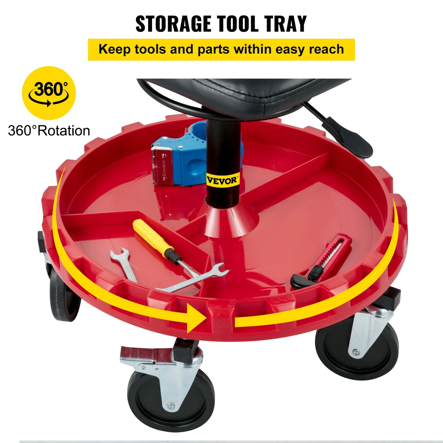 300 Lbs.  21 to 26" Adjustable Heights Rolling Garage Stool with Swivel Casters and Tool Tray