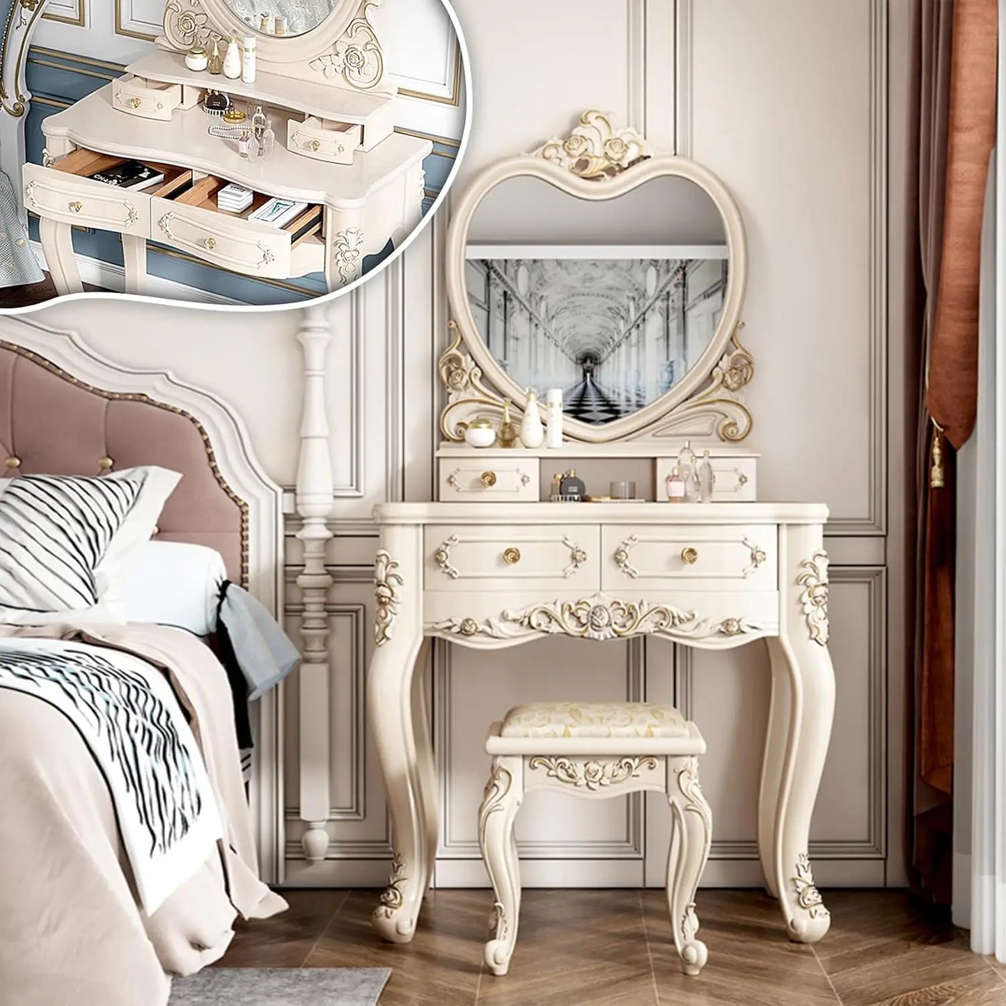 Wood Vintage Vanity Desk Makeup Desk with Mirror and Stool for the Bedroom