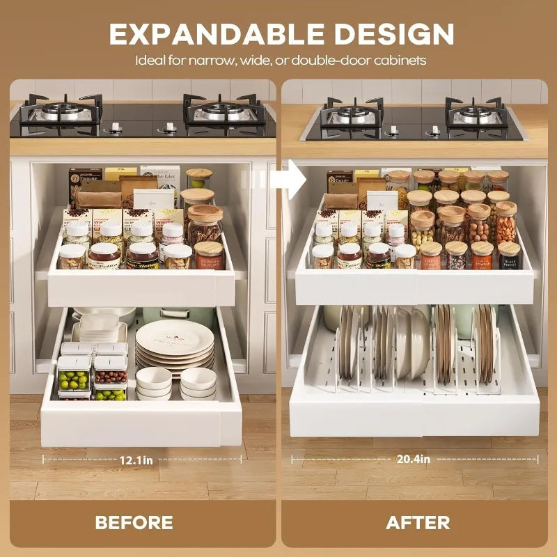 21" Deep Framed 4 Pack Pull Out Cabinet Organizer With Raising Pad, Expandable Slide Out Drawers For Kitchen