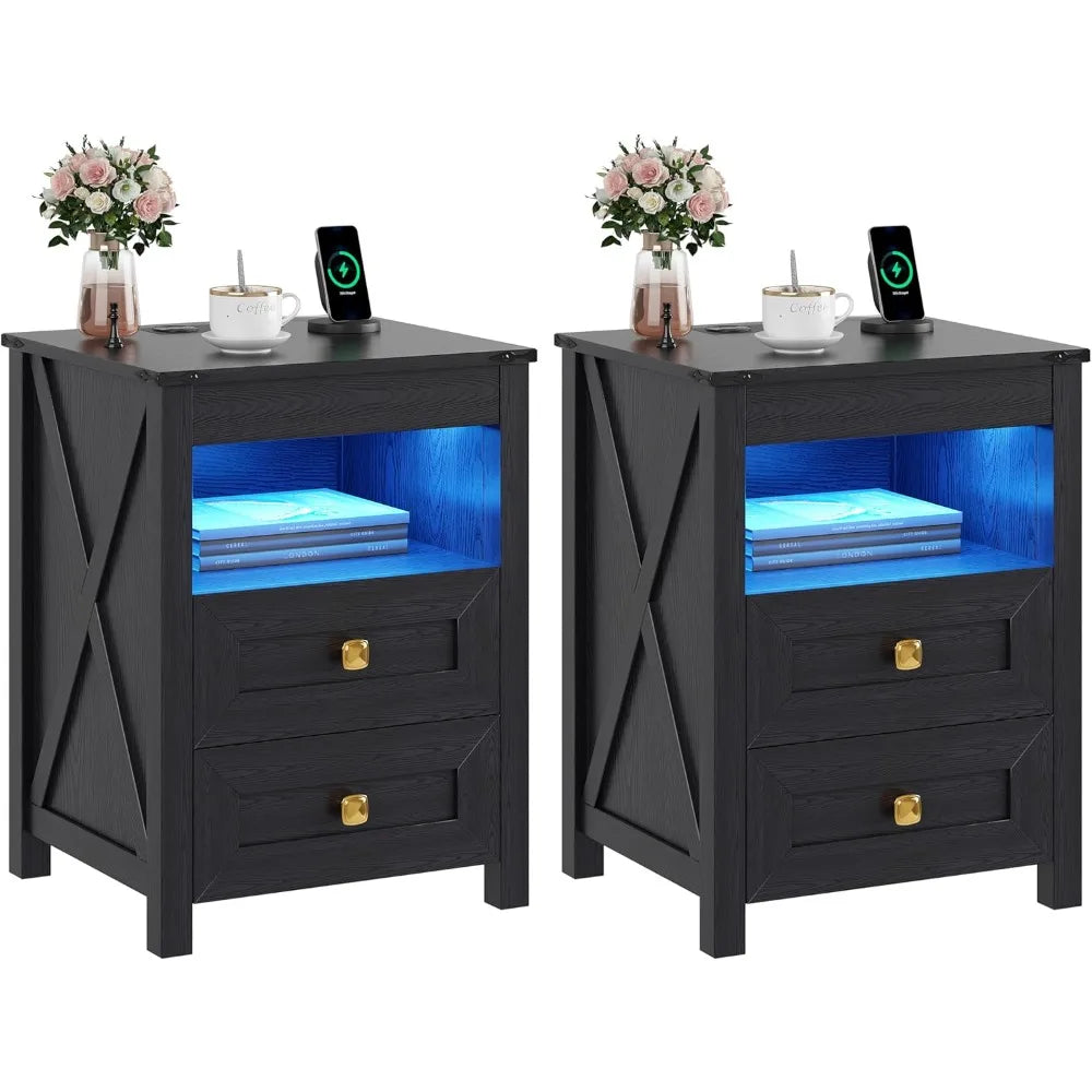 Set of 2 LED Farmhouse Nightstand or Bedside Tables with Gun Drawer, Charging Station for Bedroom