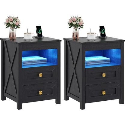Set of 2 LED Farmhouse Nightstand or Bedside Tables with Gun Drawer, Charging Station for Bedroom