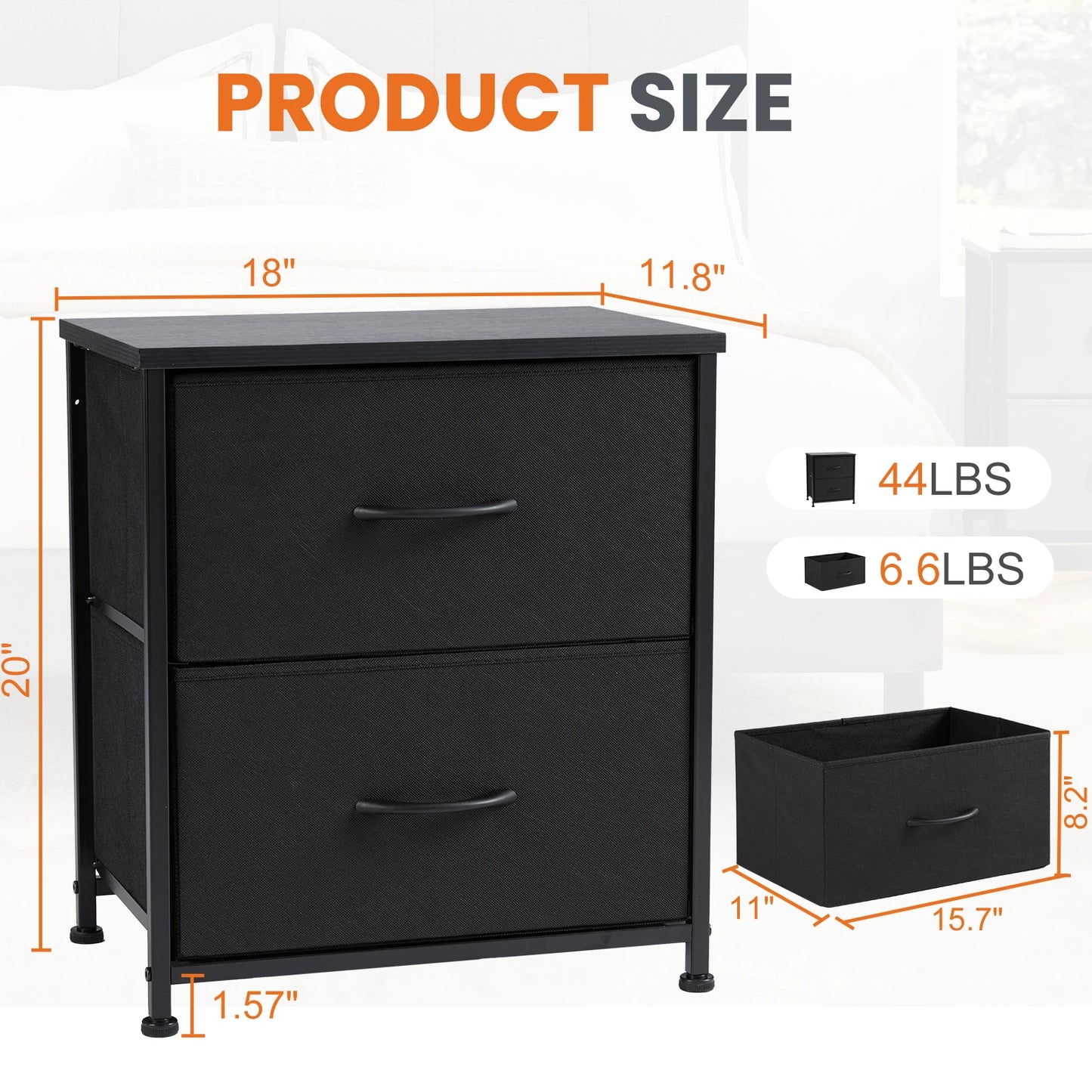 2 Fabric Drawers Cabinet Nightstand for Bedside, Coffee Table, Sofa, Tea Table, Storage, Closet, Chest, Clothes For Bedroom