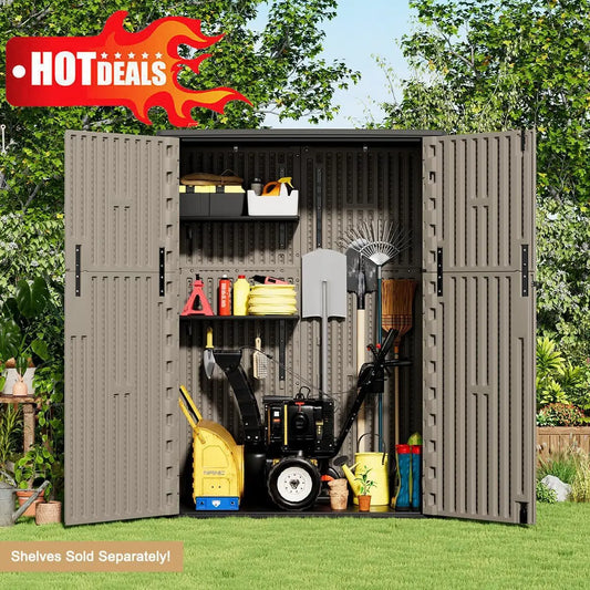 NEW 57 Cu. Ft. Vertical Outdoor Waterproof Resin Tool Storage for Patio Furniture (Coffee Color)