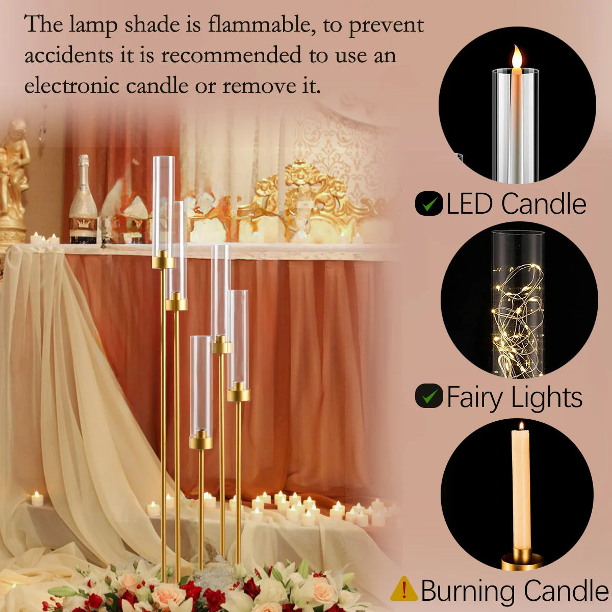 10PCS Tall Gold Floor Candelabra, 5 Arm Candle Holder with Acrylic Lampshade for Wedding Table or Birthday Party