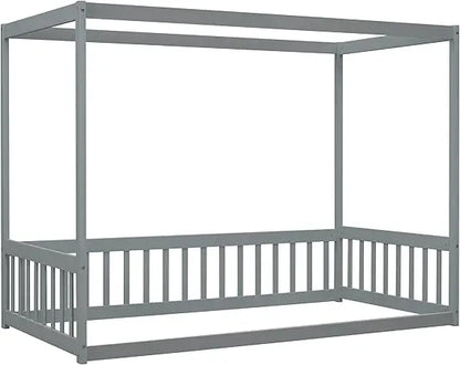 King Size Low Canopy Bed Frame with Support Legs, Solid Wood and Wooden Slats