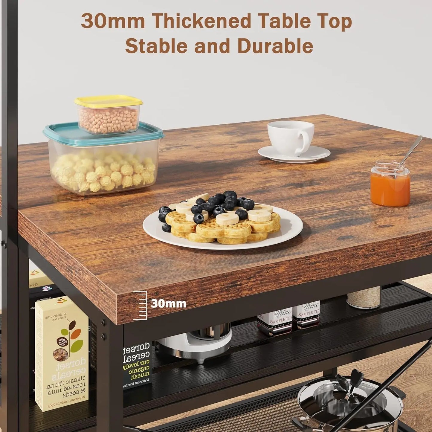 42" Kitchen Island 3 Tier Bakers Rack Storage & Seating with Microwave Stand, Dining Table for 4, 5 Hooks & 50lb Capacity