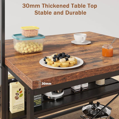 42" Kitchen Island 3 Tier Bakers Rack Storage & Seating with Microwave Stand, Dining Table for 4, 5 Hooks & 50lb Capacity