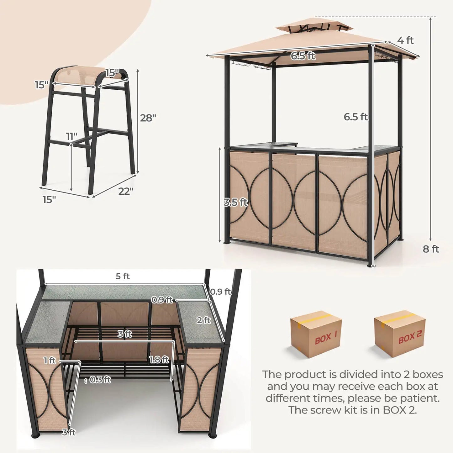 3 PCS Metal Tempered Glass Patio Bar Set with Metal Storage Shelves for Garden Brown