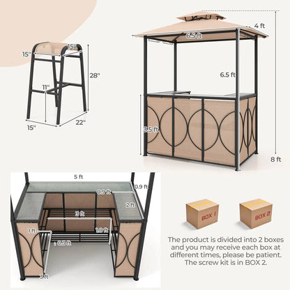 3 PCS Metal Tempered Glass Patio Bar Set with Metal Storage Shelves for Garden Brown