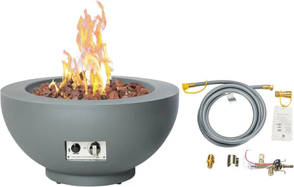 28-Inch Gas Fire Pit with Propane Tank Cover, 50,000 BTU Round Table, Pre-Attached 10FT Propane Hose, Gray