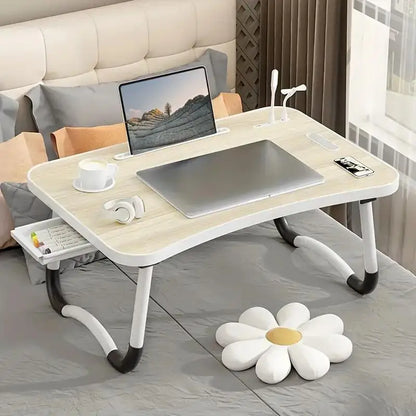 Portable Laptop Desk with USB Light, Small Fan, Cup Holder, Tablet Slot, and Lifting Handle - Foldable for Working,