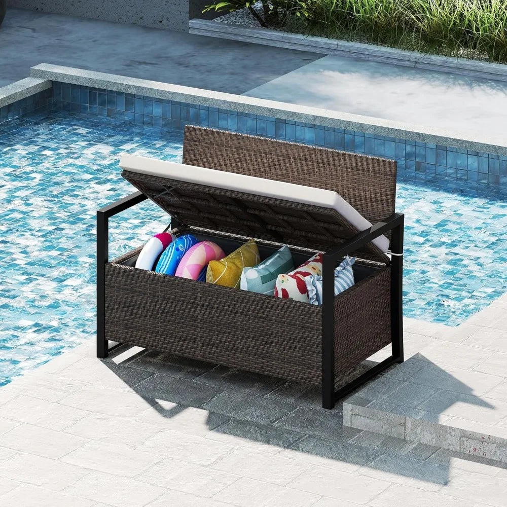 40 Gallon Patio Wicker Metal Frame Storage Bench with Cushion and Cover for backyard.
