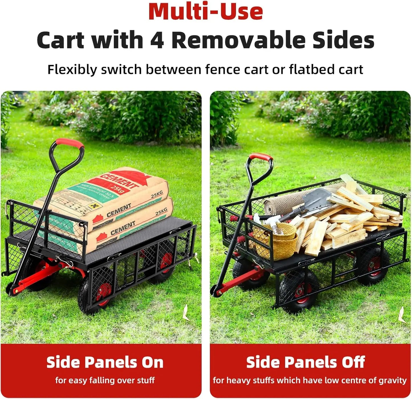 Heavy Duty Steel Garden Dump Cart Metal Garden Wagon with Removable Mesh Sides Utility  and Rotating Handle