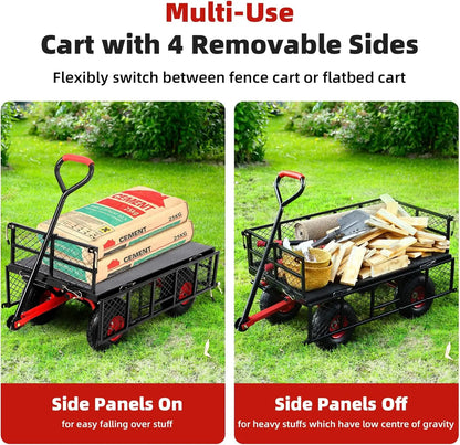 Heavy Duty Steel Garden Dump Cart Metal Garden Wagon with Removable Mesh Sides Utility  and Rotating Handle