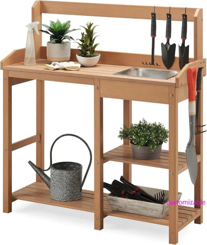 All Weather Poly Lumber Garden Work Bench with Removable Stainless Steel Sink and Open Shelves,