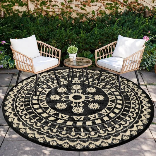 6Ft Round Reversible Waterproof Plastic Straw Boho Circle Indoor/Outside Area Rug for RV and Patio