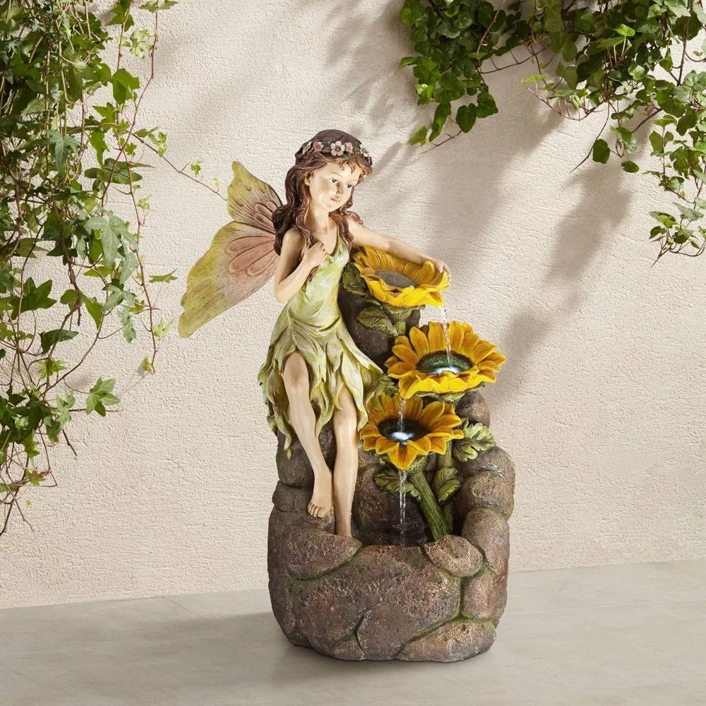 26" High Outdoor Garden Fairy with Sunflowers, Cascading Water, LED Lights for Garden, Patio, Backyard, Deck, and Home