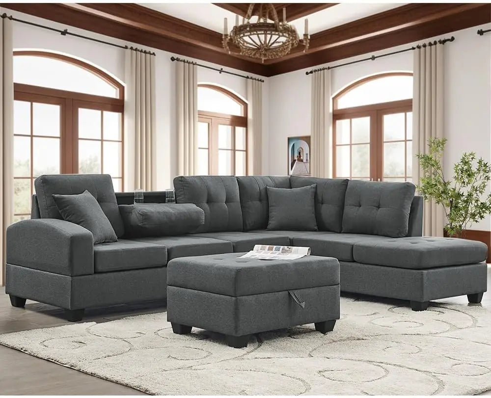 Living Room Sofa Set , L Shape Modular Storage Ottoman & Chaise, Comfy Corner Sofa Cup Holder Living Room Furniture Couch Sets