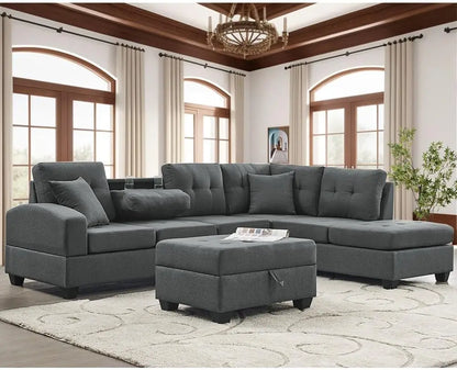 Living Room Sofa Set , L Shape Modular Storage Ottoman & Chaise, Comfy Corner Sofa Cup Holder Living Room Furniture Couch Sets