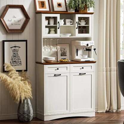 Freestanding  Wooden Tilt Out 13 Gallon Trash Can with Adjustable Shelves and 2 Hideaway Drawers