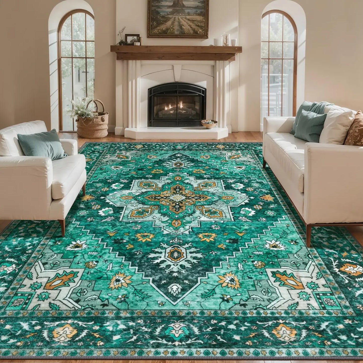 4'x6' Washable Vintage Distressed Turmeric Area Rug for Living Room or Bedroom