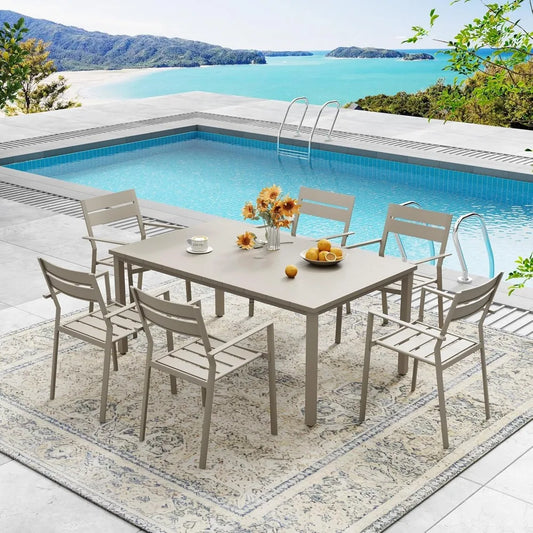 7 Pieces Outdoor Metal Frame Patio Dining Set, with 6 Cream Stackable Metal Chairs and 63" Sand shell Rectangle Dining Table