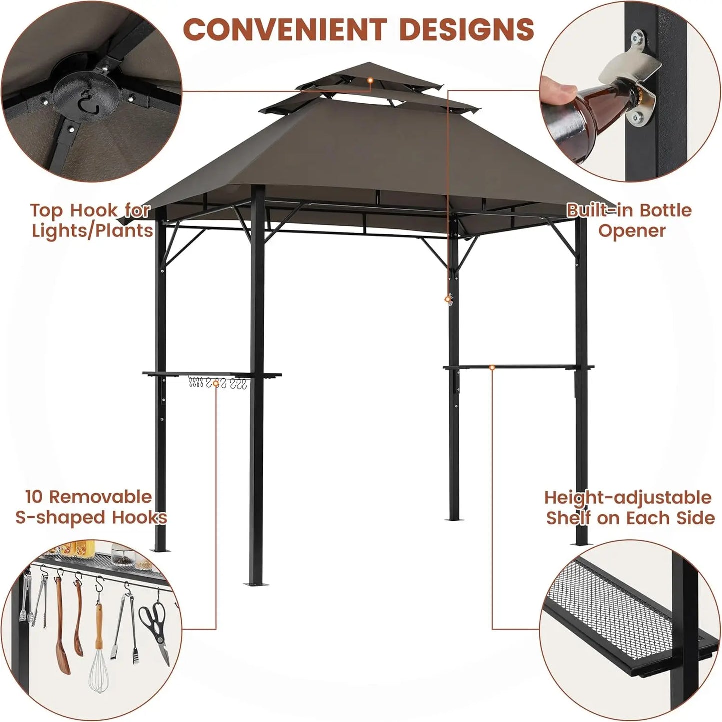 8x5' 3-Tier Grill Gazebo for Cookouts with Height-Adjustable Shelves & 10 S-Shaped Hooks & Built-in Bottle Opener, Brown