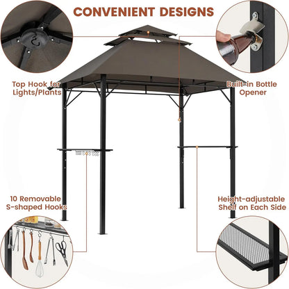 8x5' 3-Tier Grill Gazebo for Cookouts with Height-Adjustable Shelves & 10 S-Shaped Hooks & Built-in Bottle Opener, Brown