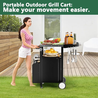 Outdoor Grill Cart with Storage, Movable Modular BBQ Cart, Waterproof Patio Kitchen Island with Hooks and Spice Rack