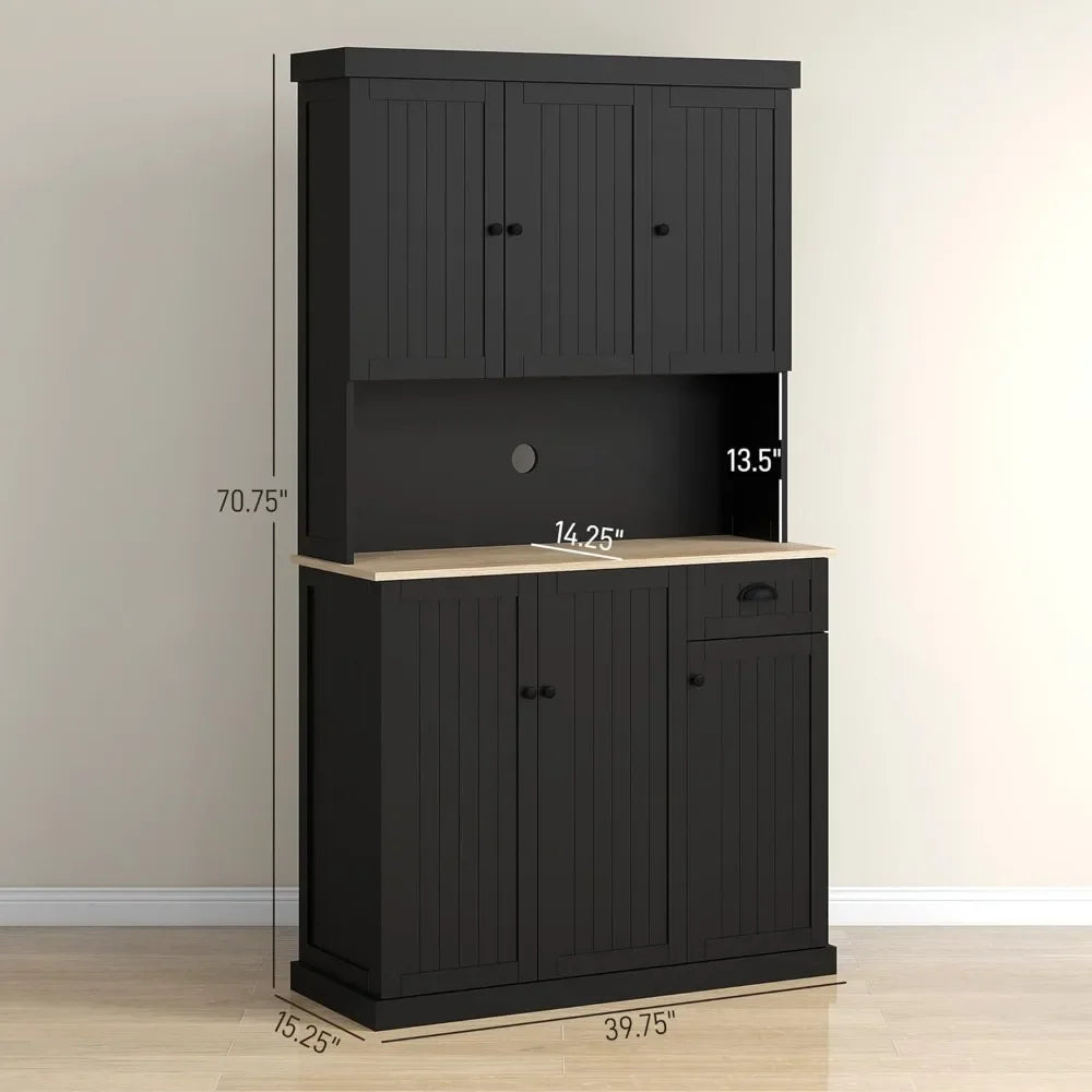 71" Modern Farmhouse Buffet Kitchen Pantry Storage Cabinet with Microwave Oven Countertop, Drawers and Hutch
