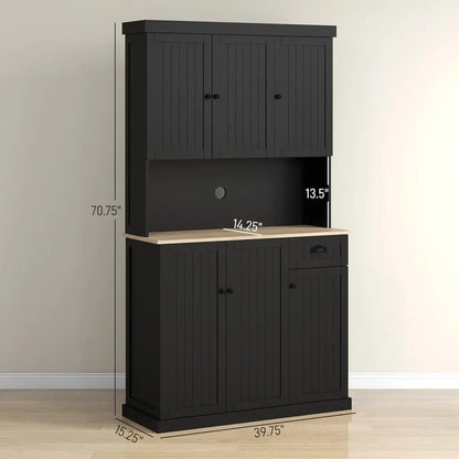 71" Modern Farmhouse Buffet Kitchen Pantry Storage Cabinet with Microwave Oven Countertop, Drawers and Hutch