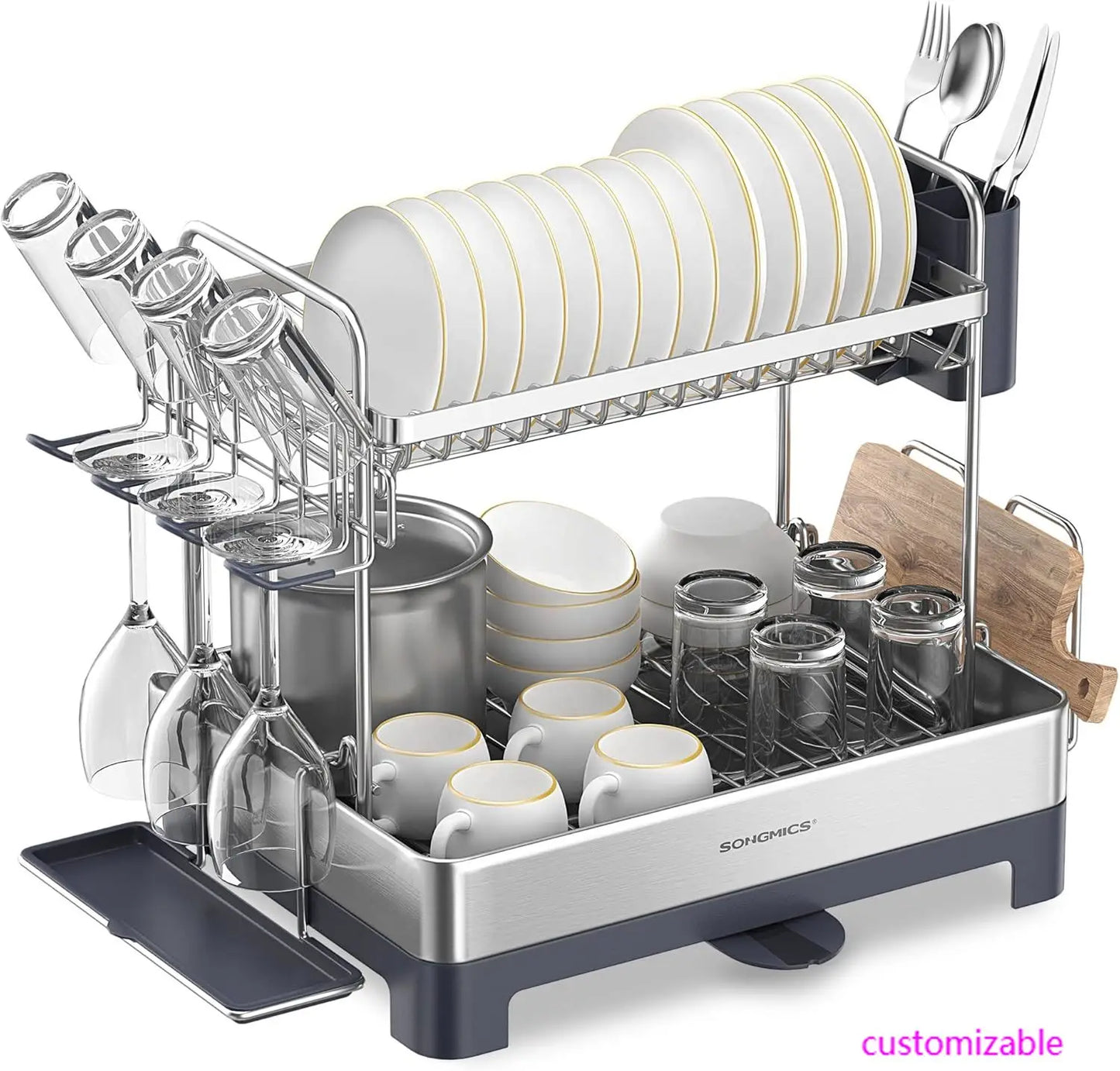 2 Tier Dish Drying Rack for Kitchen Counter with Rotatable and Extendable Drain Spout, and Utensil Cup