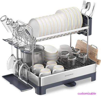 2 Tier Dish Drying Rack for Kitchen Counter with Rotatable and Extendable Drain Spout, and Utensil Cup