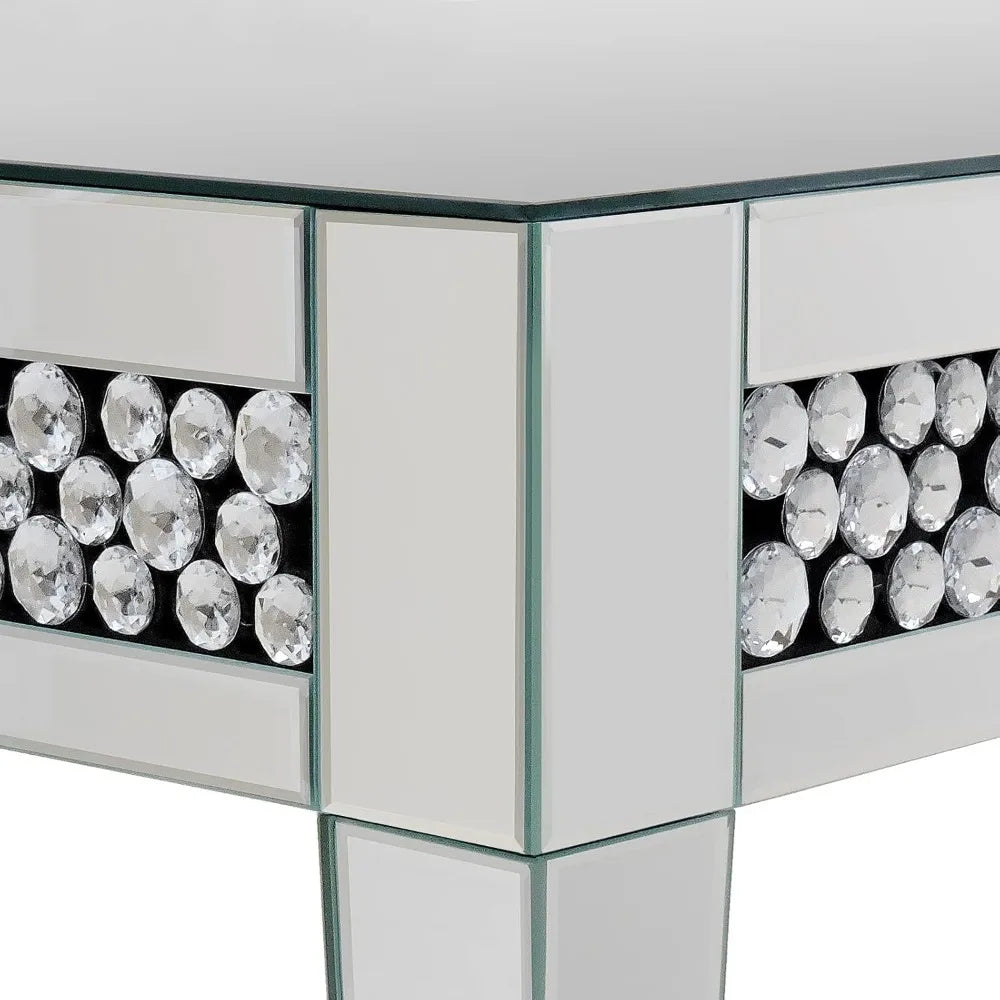 Mirrored Coffee Table, Silver Living Room Table with Cryatal Diamond Inlay, Modern Luxury Mirrored Furniture Tea Table
