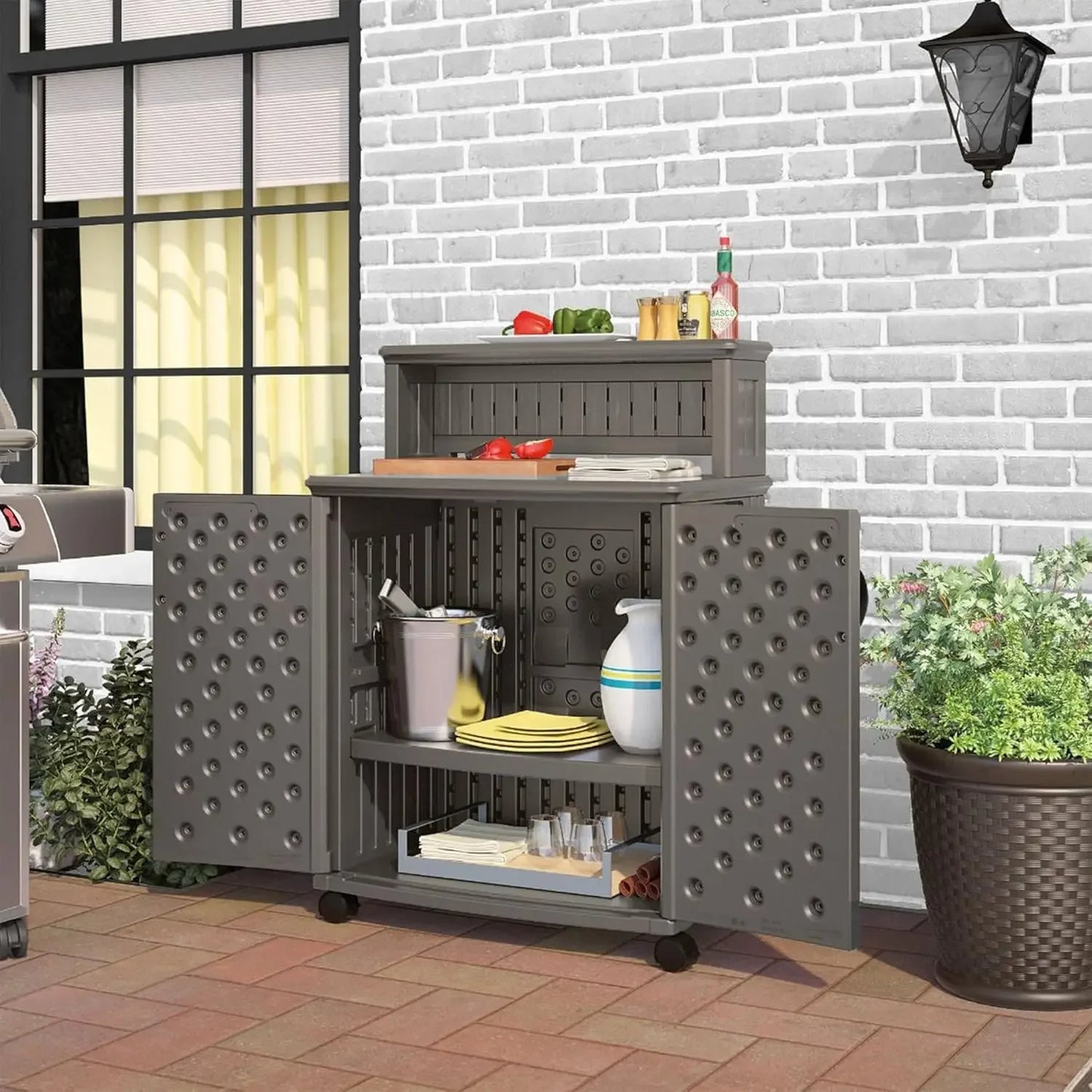 HOME.Patio Plastic Storage and Prep Station with Decorative Wicker Pattern and Multi Wall Panels for Patio, Garden, and Lawn Use