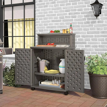 HOME.Patio Plastic Storage and Prep Station with Decorative Wicker Pattern and Multi Wall Panels for Patio, Garden, and Lawn Use