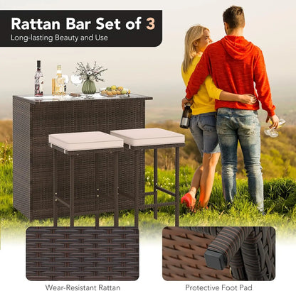 3 Piece Outdoor Rattan Patio Bar and 2 Stools with Tempered Glass Tabletop and Removable Cushions